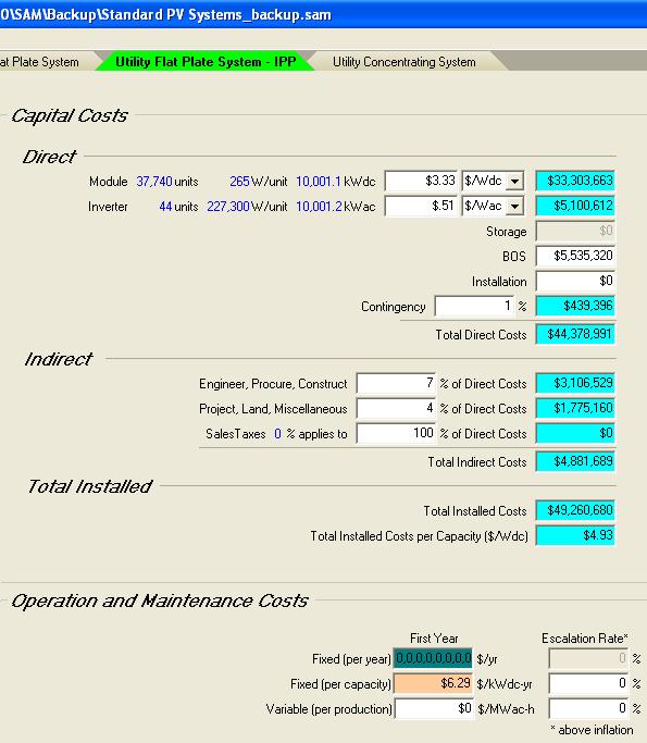 A Quick Tour of SAM Cost Tab: Enter component, BOS, and installation costs Enter indirect costs Enter O&M costs An Excel-based systems cost model that can be