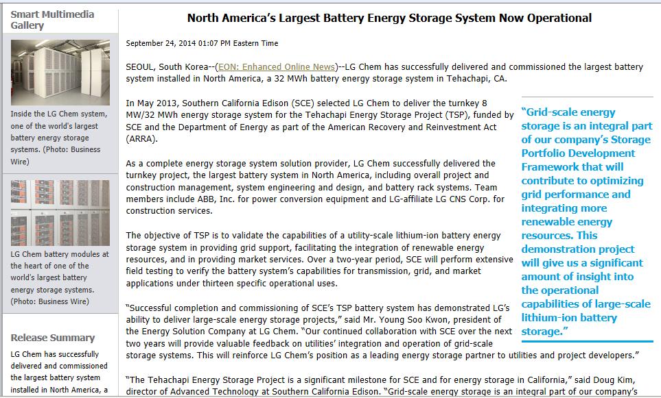 Case Study: 8 MW/32 MWh Tehachapi Energy Storage Project LG Chem Press Release: http://www.