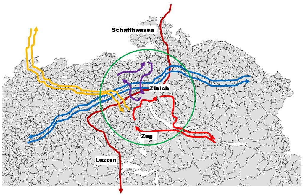 Ciari, F., N. Schuessler and K.W. Axhausen 0 0 Figure Map of the Greater Zurich scenario (green circle) with graphic representation of types of plans included in the scenario.