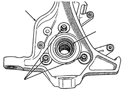 Safety Recall D55 Right Steering Knuckle Page 7 Service Procedure (Continued) 21. Remove the three (3) bolts that attach the hub and bearing assembly to the steering knuckle (Figure 9). 22.