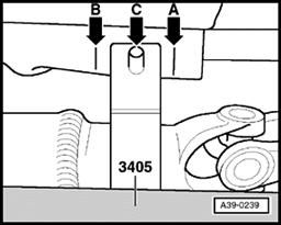 Page 22 of 23 39-92 Centering driveshaft lengthwise - Slide driveshaft with alignment fixture toward rear to stop. - Mark position of center support on body (arrow A).