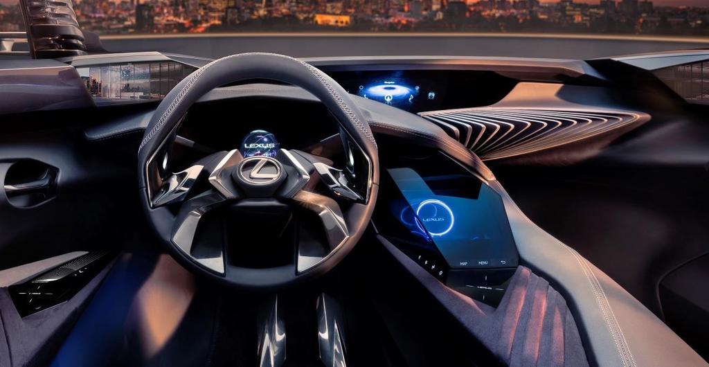 Women in Auto Care February 2017 Lexus UX Concept 2017 Paris Motor Show Drivers-side emirror 3D Holographic globe in instrument binnacle Capacitive touch multi-function 5- way steering