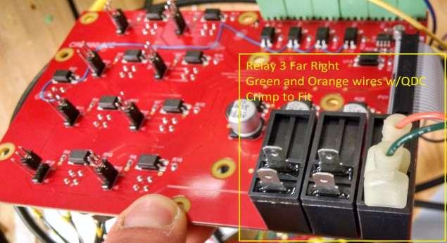 Then, install the Orange and Green quick disconnects on the 3 rd relay of the red break out board mounted to the gland plate (furthest to the left when facing down into the control unit, closest to