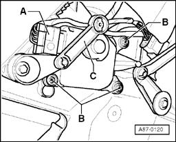 Page 26 of 53 87-87 Central air flap motor -V70-, removing - Remove footwell vent page 87-84. - Disconnect electrical connection - A-. - Remove screws -B- (3x).