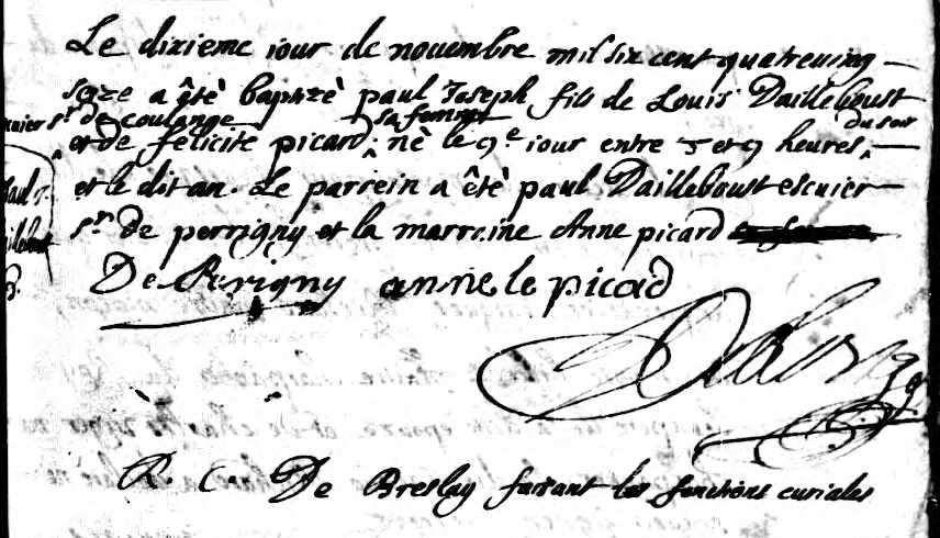Baptism of Paul Joseph d Ailleboust Louis d Ailleboust, sieur de Coulonges, and Paul Joseph d Ailleboust, sieur de Coulonges, were fur merchants [Jetté, p. 4].