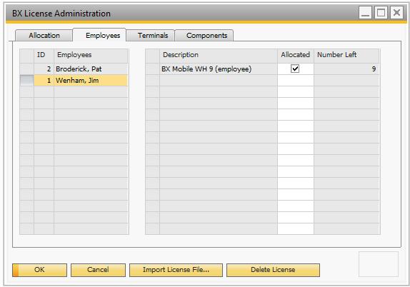4.1 Additional kinds of license files 4.1.1 Employee To assign a license to an employee, click on the Employees tab, select the employee in the left matrix then click on the 'Allocated' checkbox on the right matrix.