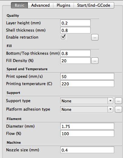 f. Use these default settings for printing. You may need to change the support type to Everywhere depending on the shape of the part you are printing. Also, you can change the layer height from 0.