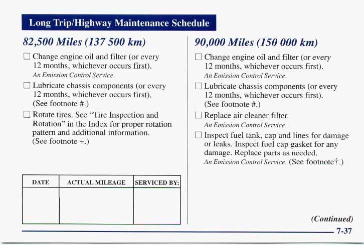 Long Trip/Highway Maintenance Schedule 82,500 Miles (137 500 km) Change engine oil and filter (or every 12 months, whichever occurs first). An Emission Control Service.