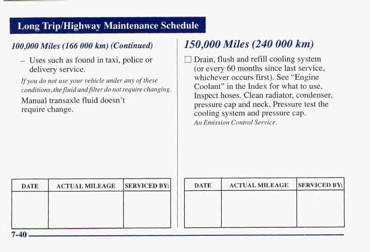 Long Trip/Highway Maintenance Schedule m 10 0,000 Miles (I66 000 km) (Continued) - Uses such as found in taxi, police or delivery service.