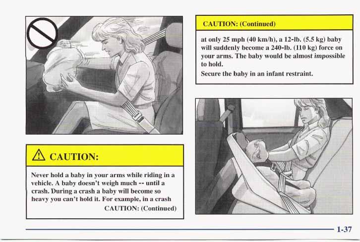 CAUTION: (COI~" at only 25 mph (40 km/h), a 12-lb. (5.5 kg) baby will suddenly become a 240-1b. (110 kg) force on your arms. The baby would be almost impossible to hold.