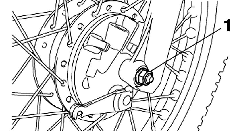 Loosen the brake cable locknut and the brake cable free play adjusting nut at the front wheel hub. 1. Adjusting bolt 2. Locknut 3.