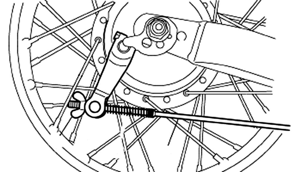 PERIODIC MAINTENANCE AND ADJUSTMENT 1 1. Brake rod 2. Brake pedal free play adjusting nut 3. Turn the drive chain adjusting plate on each side of the swingarm fully in direction (a). 1. Rear wheel 2.
