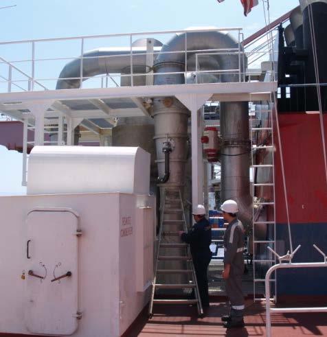 The seawater is used to scrub or filter particulate contaminants from the ship exhaust stream before the exhaust is emitted to the atmosphere.