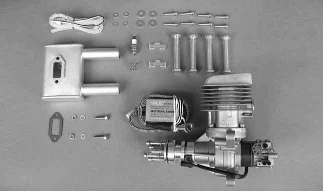 Parts List (1) DLE-55RA Gas Engine w/carb (1) CM6 Spark Plug with spare ignition wire spring (1) Muffler w/gasket (2) 5x20mm SHCS (muffler mounting) (1) Electronic Ignition Module w/ additional