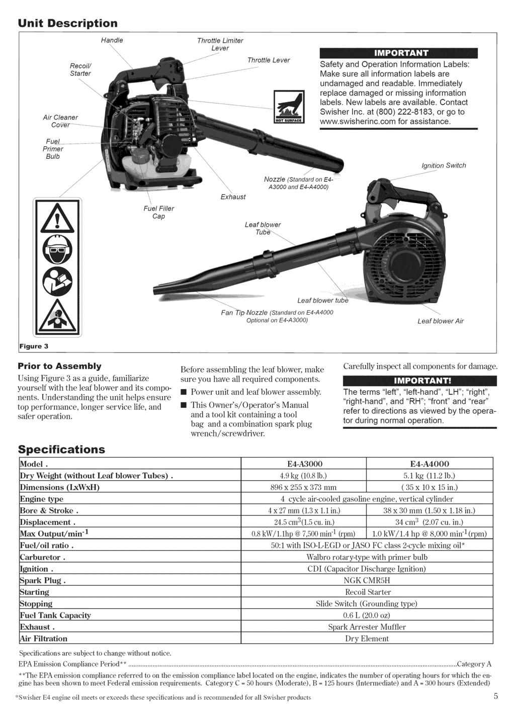 Unit Description Recoil/ Starter Handle \\\\\\ Throttle Limiter Lever _i-- Throttle Lever Safety and Operation Information Labels: Make sure all information labels are undamaged and readable.