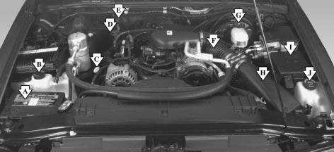 When you lift the hood, you ll see these items: A. Battery B. Coolant Recovery Tank C. Engine Oil Dipstick D. Engine Oil Fill E.