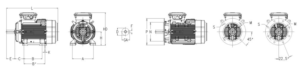 Dimensions Foot-mounted motors, IM B3 Flange-mounted motors IM 3001, IM B5 IM B3 (IM 1001), IM 1002 IM B5 (IM3001), IM 3002 Motor size Poles D G F E L B C HD K H M N P S T 80 1) 2-6 19 21.5 6 40 265.