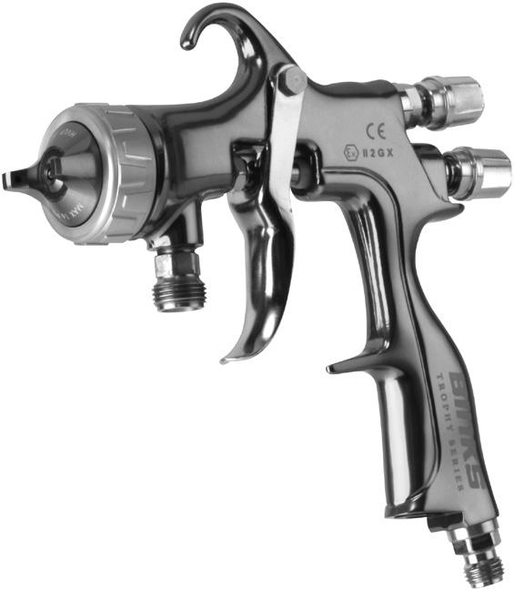 coating applications. Binks Trophy Series Spray Guns can be used with pumps, pressure pots, pressure cups, or siphon cups.