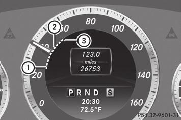 Driving systems 185 DISTRONIC PLUS displays in the speedometer You can set the specified minimum distance for DISTRONIC PLUS by varying the time span between one and two seconds.