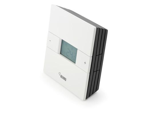 4 rehau easy heat controls 4.2 time Control REHAU NEA Thermostat REHAU proprietary heating thermostat with a stylish design and illuminated LCD display showing current time and temperature.