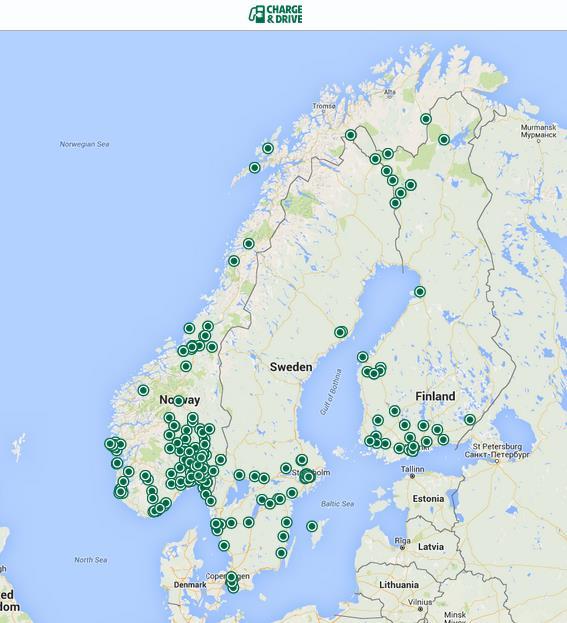 chargers in Norway, Sweden and Finland (map.chargedrive.