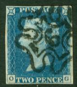 15. SG 6 2d pale blue plate 1 block of 4 superb used with full upright red Maltese crosses, full neat margins.