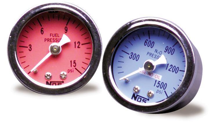 The Nitrous Pressure Gauges, P/N 15910NOS (-4AN lines) or P/N 15912NOS (-6AN lines) [0-1500 PSIG] are designed to provide accurate (± 2% of full scale) readings of fuel pressure in carbureted