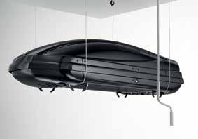 Roof Box can be mounted on either side of the vehicle and includes an internal retention system for skis and other long items. Lockable for security. Volume: 84 gallons.