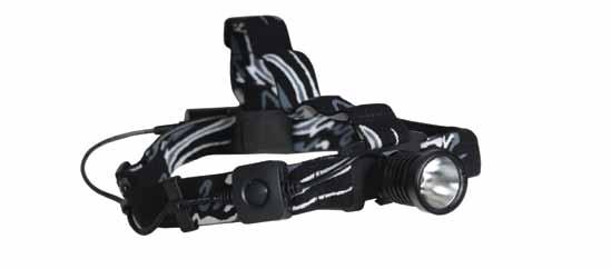 220 lumens 200 metre beam 3 Light modes; High, Low, Flashing Adjustable dimmer switch Powered by a single AA battery (included), this compact and lightweight economic head-torch is designed for use