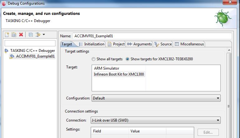 First time download, double click Tasking C/C++ Debugger in Debug Configuration 3.