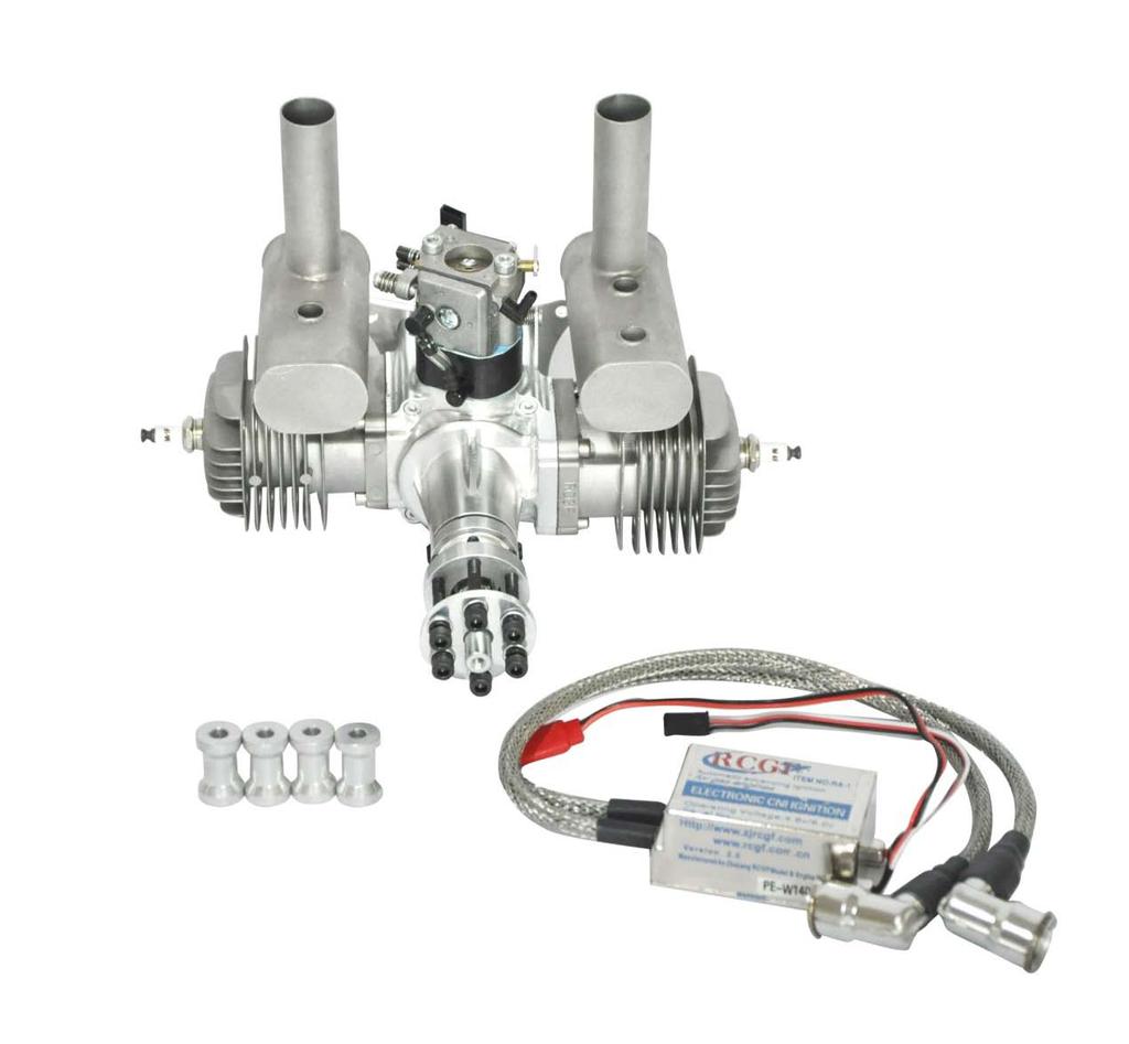 RCGF 60CC-Twin Operator s Manual (note: the spare parts list and dimension of engine are in the end of manual) RCGF 60cc twin Parameter: Type : 2 cycle piston valve type gasoline engine for airplane