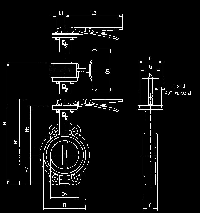 Between flanges shut off butterfly valve Figure Medium Design Figure 8352 (Type BV10) Drinking water 110 C -Ring housing with 4 fixing points to install between flanges to DIN 2501 PN10 (Wafer