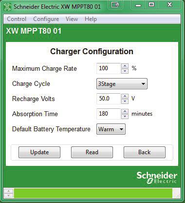 Device Configuration Charger Configuration Charger Configuration gives you options for configuring the Charge Controller to operate from your battery bank.