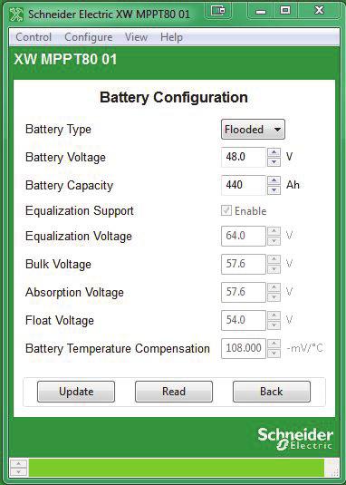 Battery Configuration Configuring Conext MPPT 80 600 and Conext MPPT 60 150 Solar Charge Controllers Battery Configuration allows you to configure your battery type, voltage and amp-hour capacity.