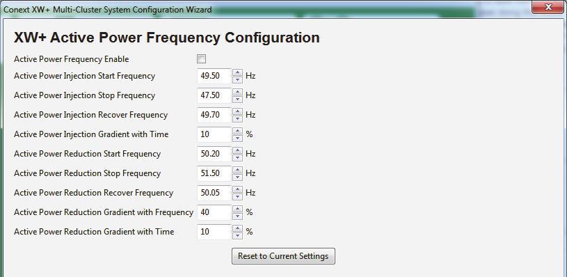 System Configuration 12. Set the XW+ Active Power Frequency Configuration Settings. This mode is available in all XW+ models except split-phase configured NA models (XW+ 6848 and XW+ 5548).