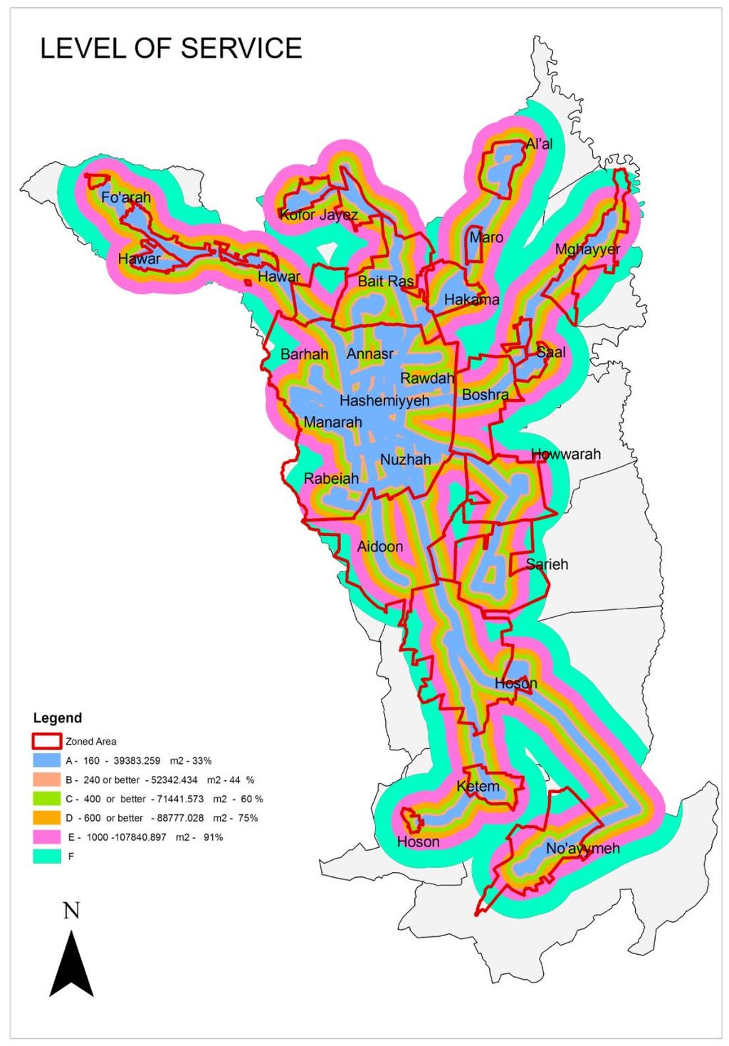 Figure 2: Coverage areas for public transit routes in Irbid city. 3.2 Mobility Tables 2 shows the obtained results of average speed of public transit in Amman, Irbid, and Zarqa.