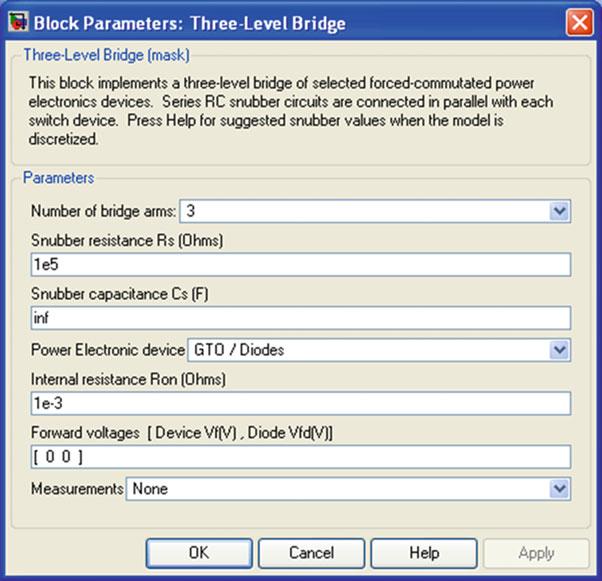 712 Appendix III Dialog Box and Parameters Number of Bridge Arms Determine the bridge topology: one, two, or three arms. Snubber Resistance Rs The snubber resistance, in ohms (Ω).