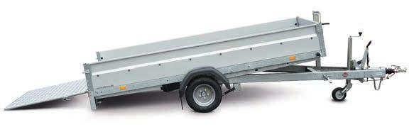 braked tiltable trailer, steplessly inclinable rear panel serves as
