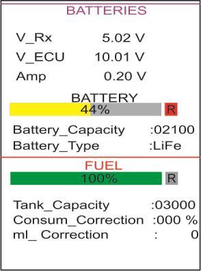 5.8 Battery Menu The top portion of the battery menu display indicates the RX Battery Voltage, ECU Battery Voltage and the current (in Amps) being consumed from the ECU battery.
