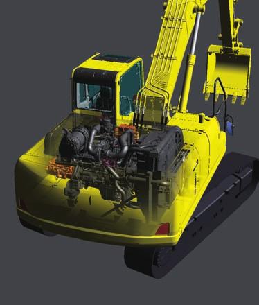 Based on Komatsu proprietary technologies developed over many years, this new diesel engine reduces exhaust gas particulate matter (PM) by more than 90% and nitrogen oxides (NOx) by more than 45%