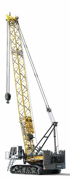 The 100 tonne capacity LR 1100 crawler crane. hydrostatic transmission, four fall/ two fall hook block, tilt sensor/ alarm, hydraulic disc brake and new heptagonal five-section boom.