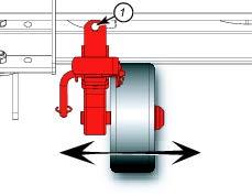 Adjusting the distance between wheels: - Lift the machine slightly off the ground. - Loosen screw (1).