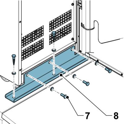 7. Remove the bolts that fasten the shipping brackets to the cabinet and to the pallet. 8. Remove the shipping brackets. 9. Slowly roll the cabinet toward the ramp edge.