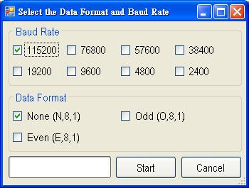 4. Choose serial baud rate and data format. The default setting is 115200bps and N,8,1.