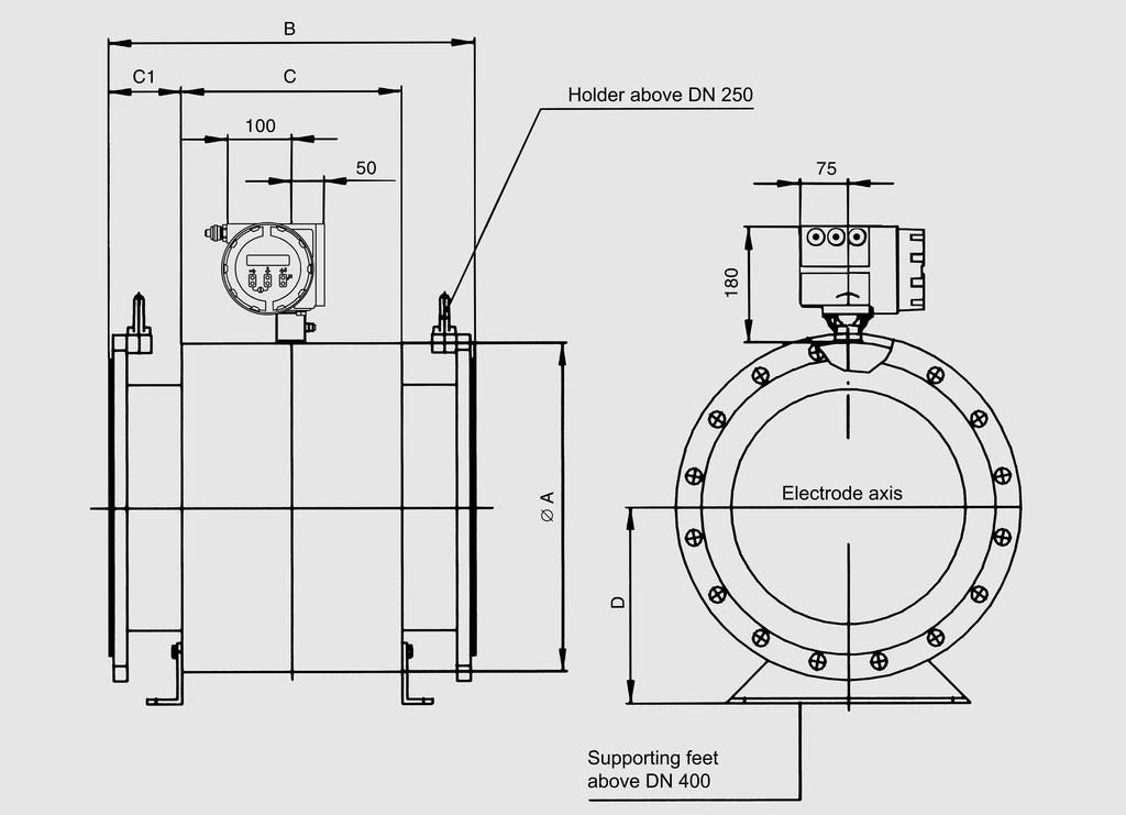 flow sensors 711/A and 711/911E Technical data Dimensions Fig. 9 flow sensor 711/911E, dimensions (in mm) DN A B 1 ) C C1 D Approx. weight in kg 15 8 20 135 270 50 8 25 8.5 32 11 169 40 280 55 11.