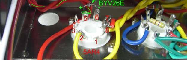 If you wish to use a 5Y3 rectifier, twist the two red wires from the power
