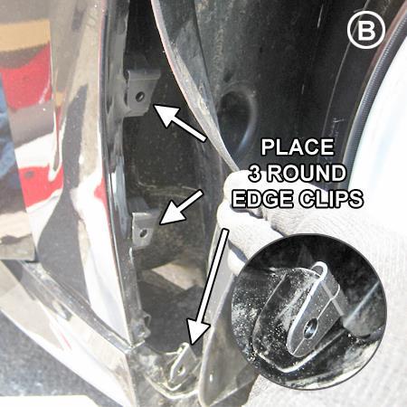 (Figure B) Place 3 round edge clips over mounting tabs (as shown). Replace liner over the mounting points.