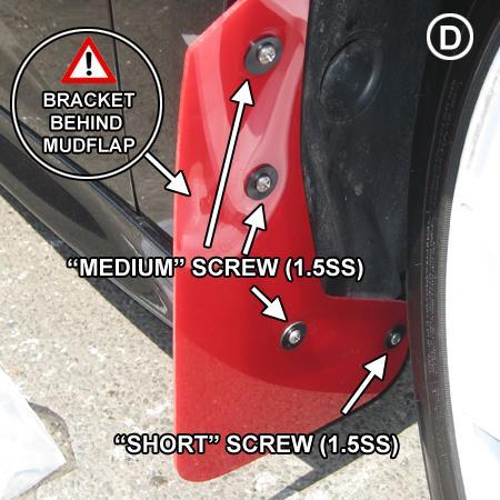 Use a short screw (1SS) with a washer for the lowest mounting point on the bracket. Do not fully tighten screws prior to aligning the mud flap.