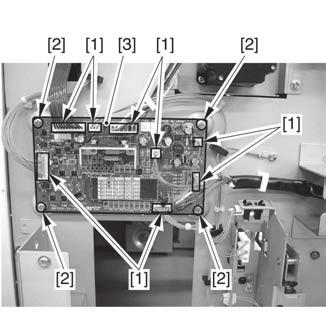 3) Disconnect the 8 connectors, and remove the 4 screws ; then, detach the deck driver PCB [3]. F-4-25 6) Place the compartment on the stack of paper you have previously pre-pared.