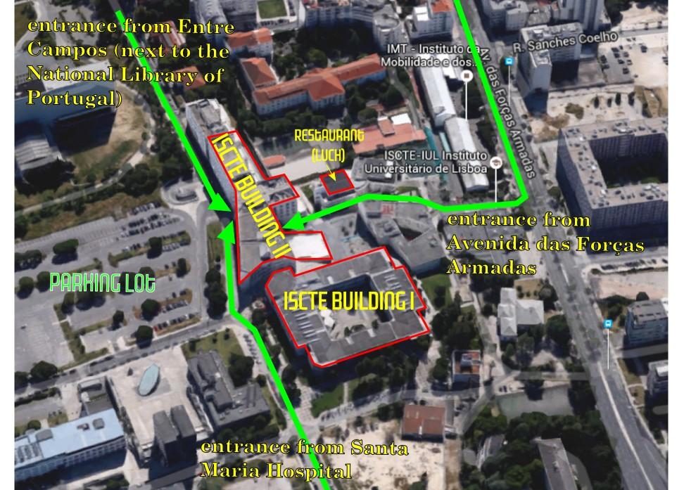 4th Annual Conference of COST Action MP1204 & SMMO2016 Conference (Venue) Map on how to get to ISCTE-IUL and the main building entrances.